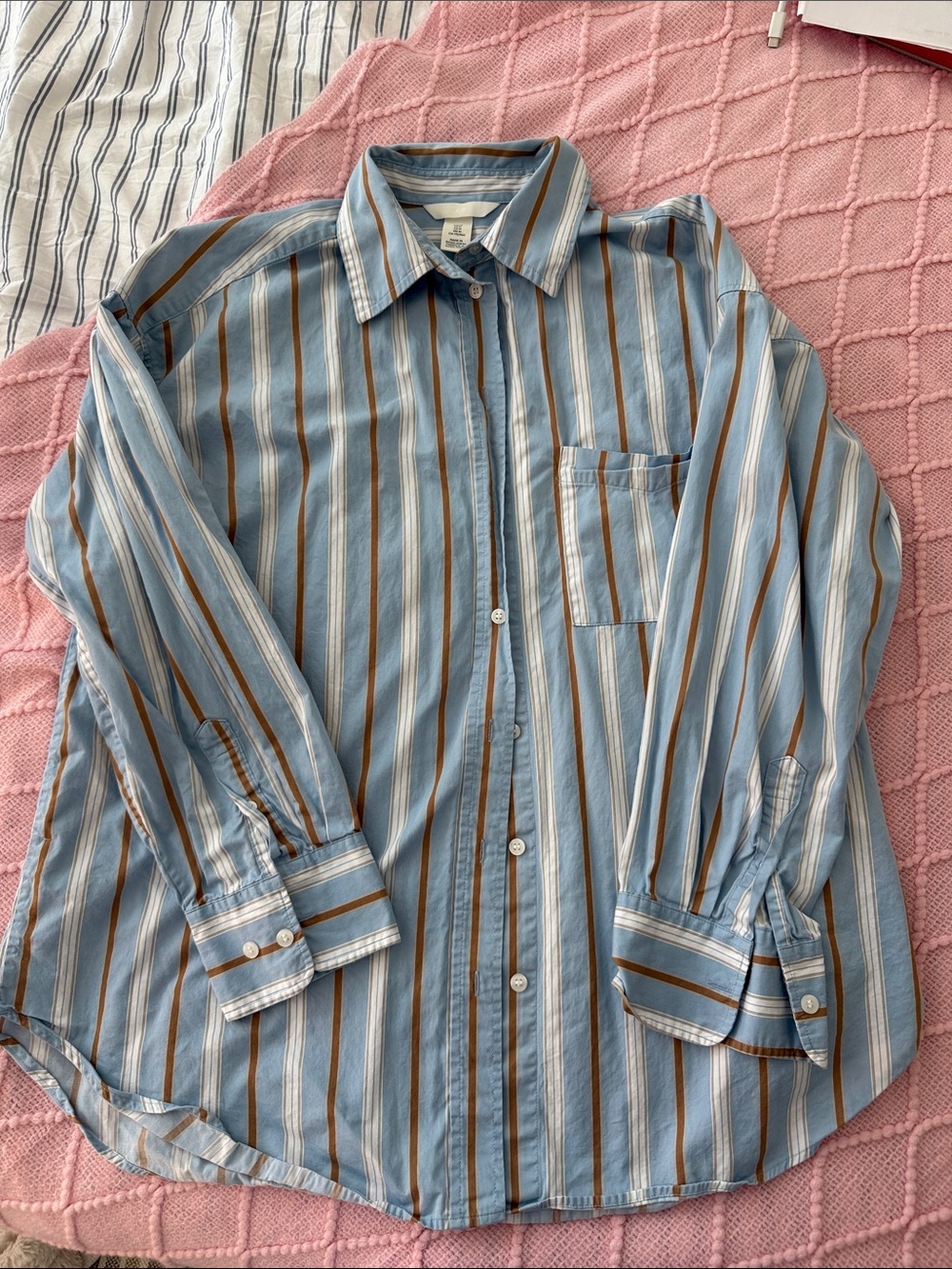 Oversized Light Blue & Brown Striped Button-Down Shirt